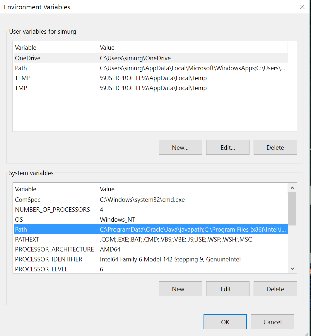 In the Environment Variables dialog, from the System variables list, click Path, then click Edit. The Edit environment variable dialog is displayed.