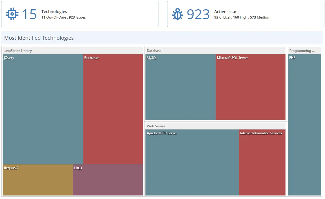 Identified technologies view in Netsparker