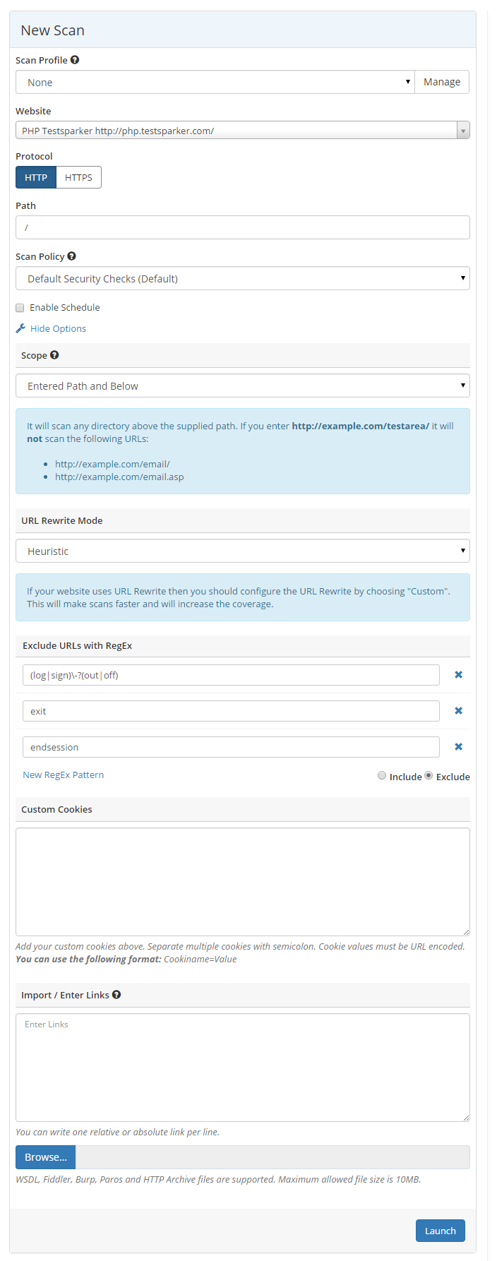 Launching a new web security scan with Netsparker Enterprise