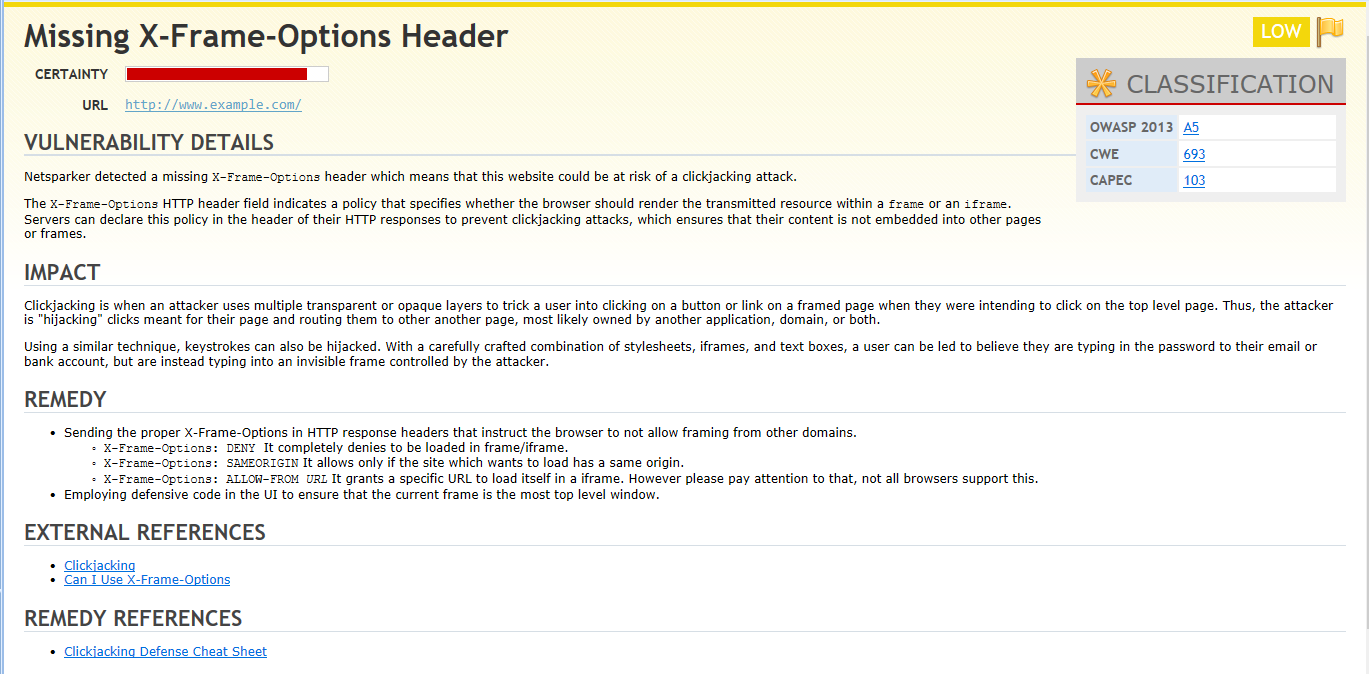 As illustrated, the lack of X-Frame-Options (XFO) header is used to exploit unique attack vectors.