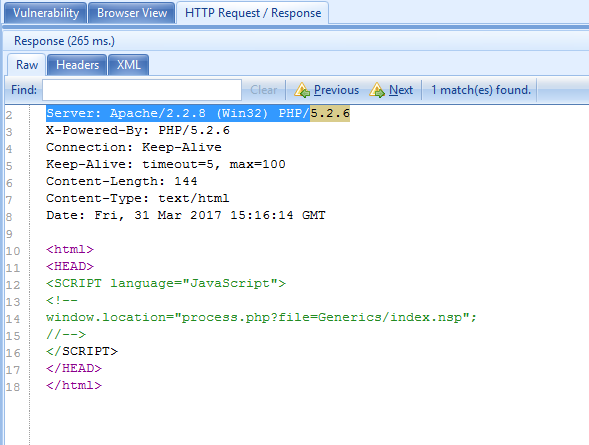 View the HTTP response in Netsparker which highlights the outdated version of PHP