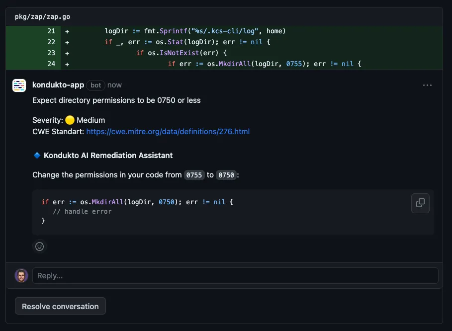 Screenshot of a GitHub comment made by Kondukto AI Remediation