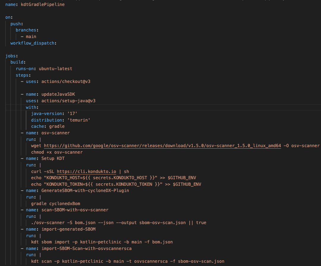 Screenshot showing a GitHub workflow definition for CycloneDX, Gradle, OSV scan and Kondukto.