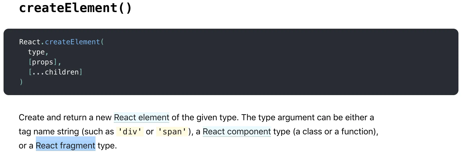 React documentation for createElement