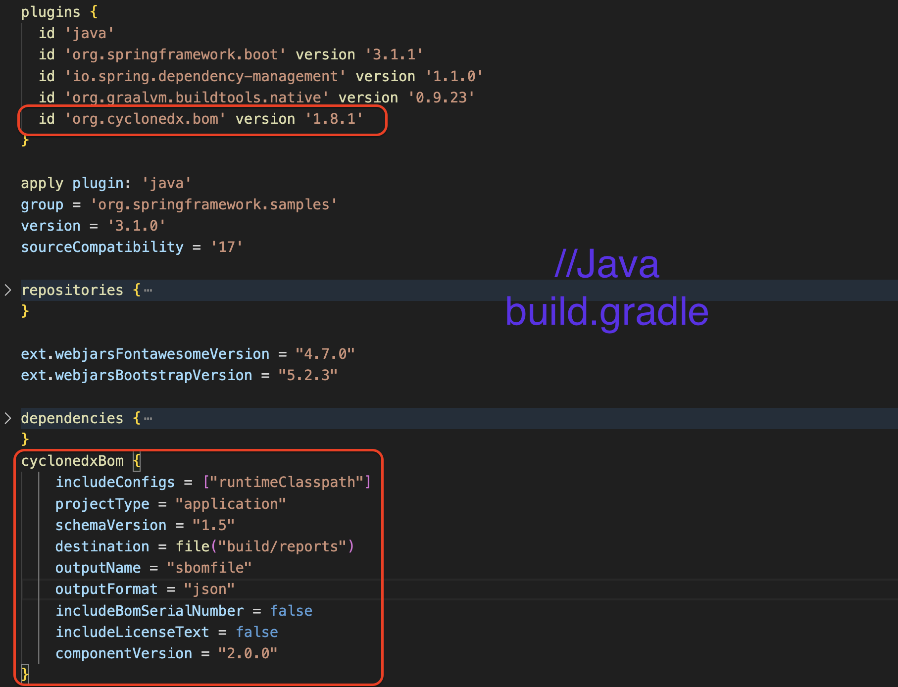 Screenshot showing how to include CycloneDX plugin in Gradle.