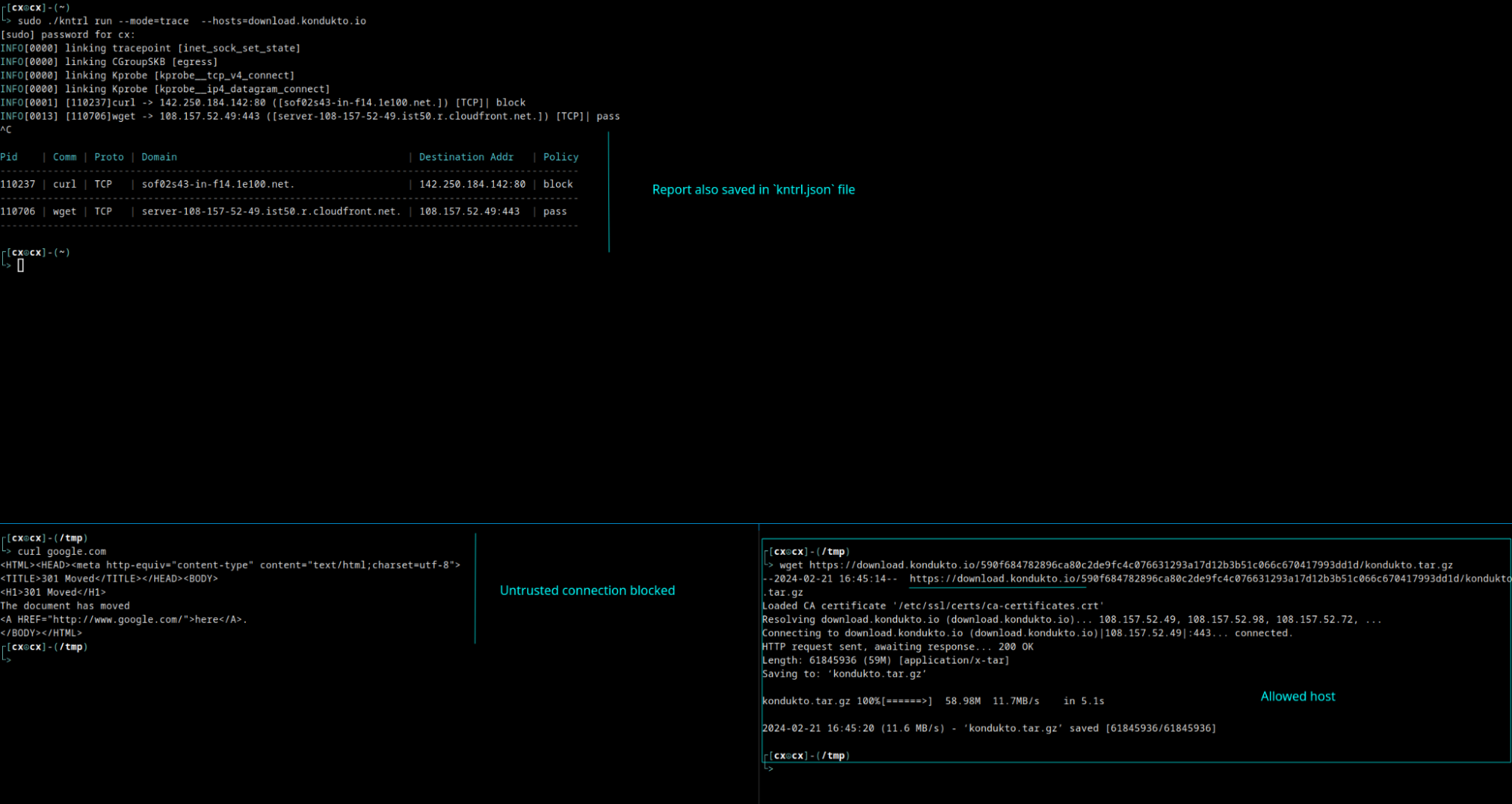 Screenshot of a terminal window that shows how kntrl can be used a standalone binary.