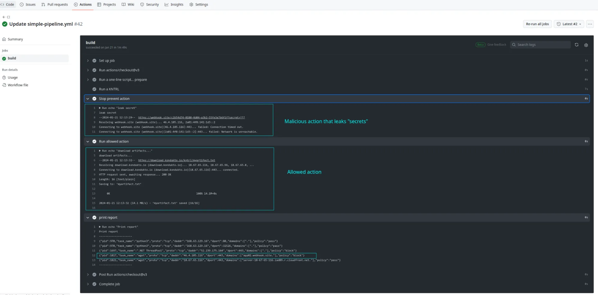 a screenshot of the GitHub Actions interface on github.com that shows how the eBPF-based kntrl tool can be integrated with GitHub Actions.