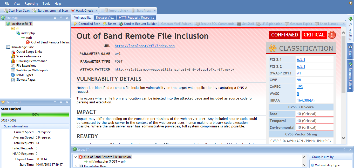 This screenshot shows the RFI vulnerability as reported in Netsparker Desktop.