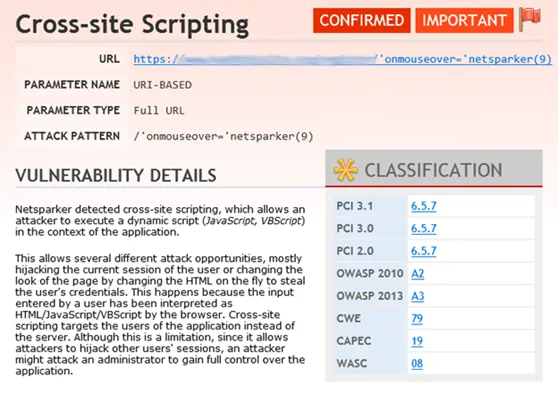A Cross-site Scripting Vulnerability Identified Automatically with Netsparker Web Application Security Scanner