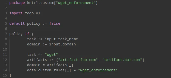 Screenshot of a code snippet showing a simple kntrl policy using OPA Rego to filter network traffic by destination domain.