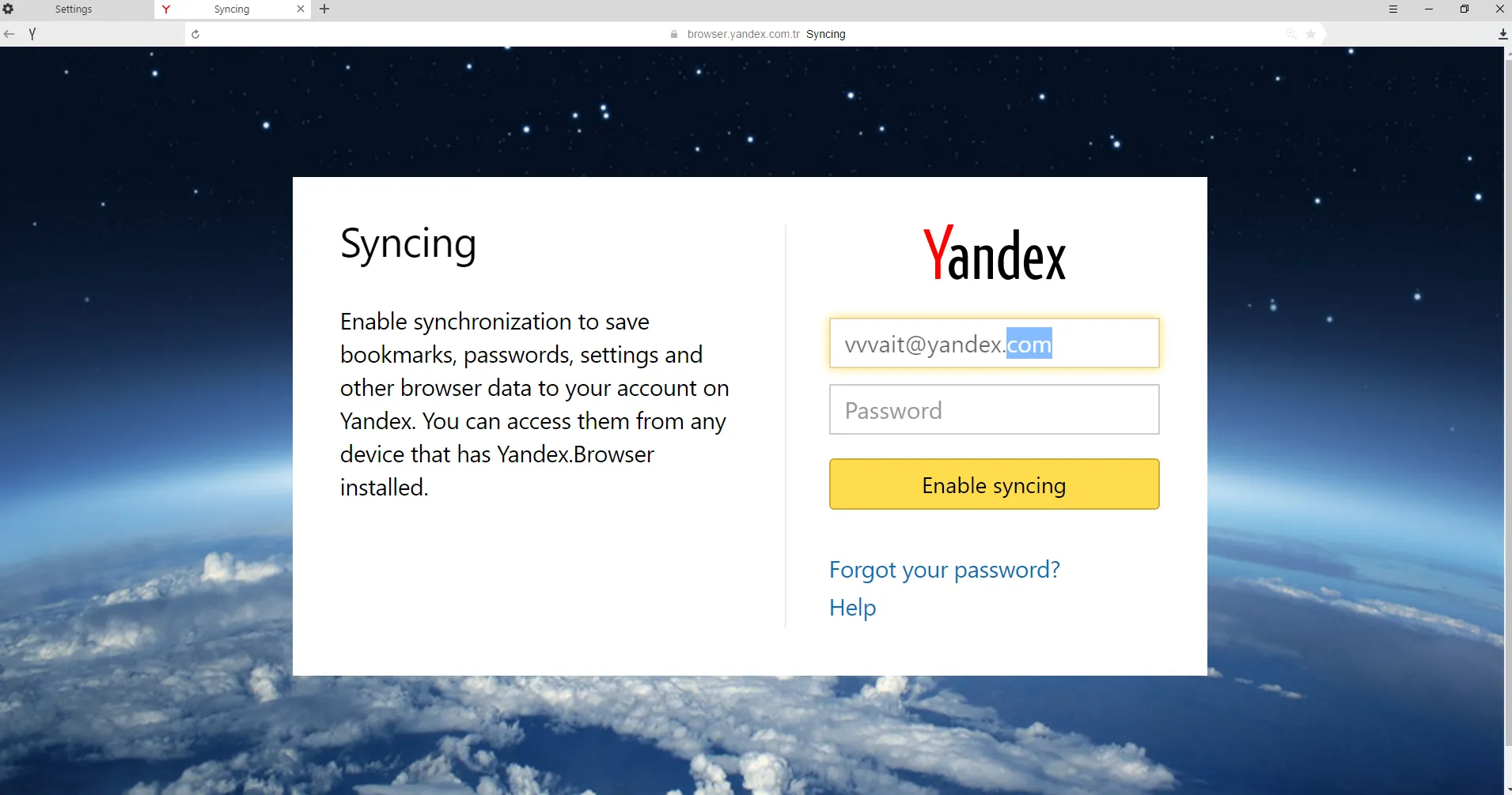 The Syncing feature login page in the Yandex Browser which has a CSRF vulnerability