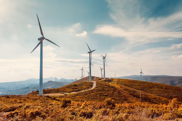 A group of wind turbines on a hill.
