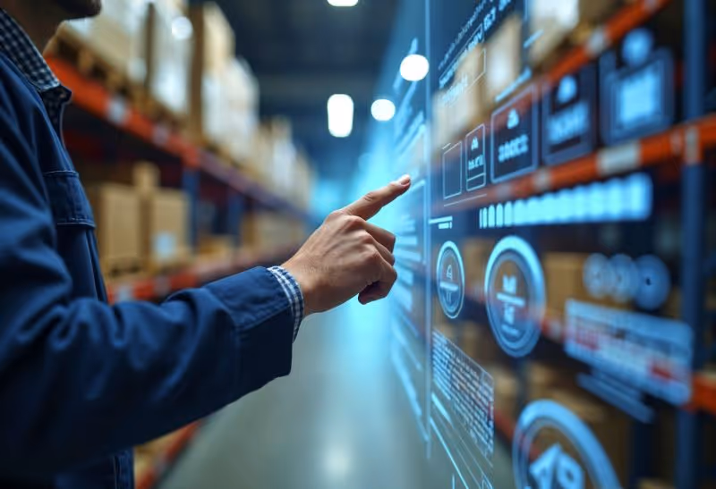 A man pointing to a large display in a warehouse.