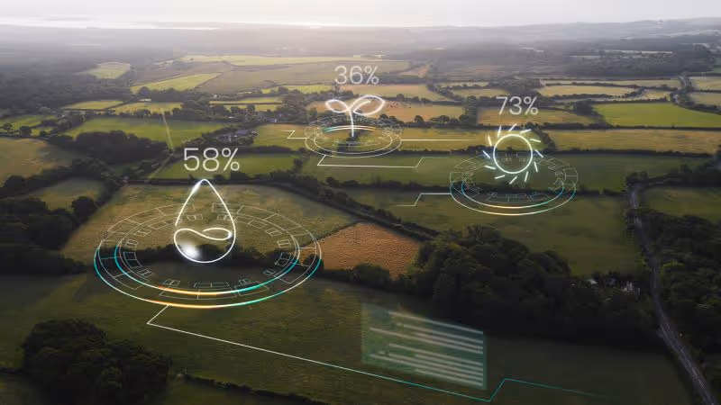 An aerial view of a field with numbers and symbols.