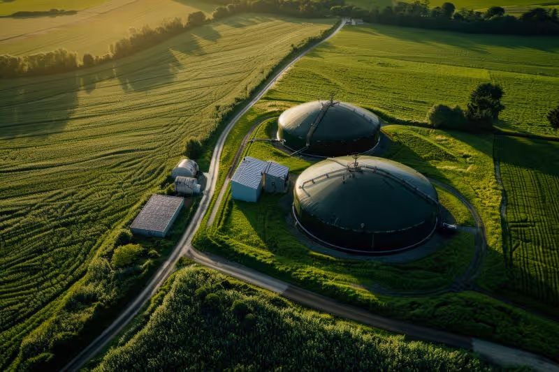 An aerial view of two large silos in a green field.