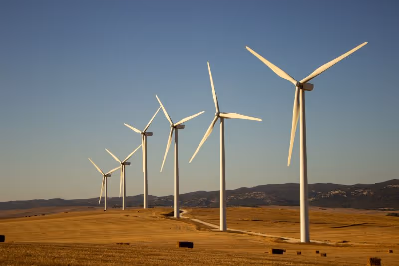 A row of wind turbines in a field.