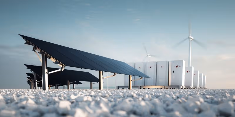 A row of wind turbines next to a row of solar panels.