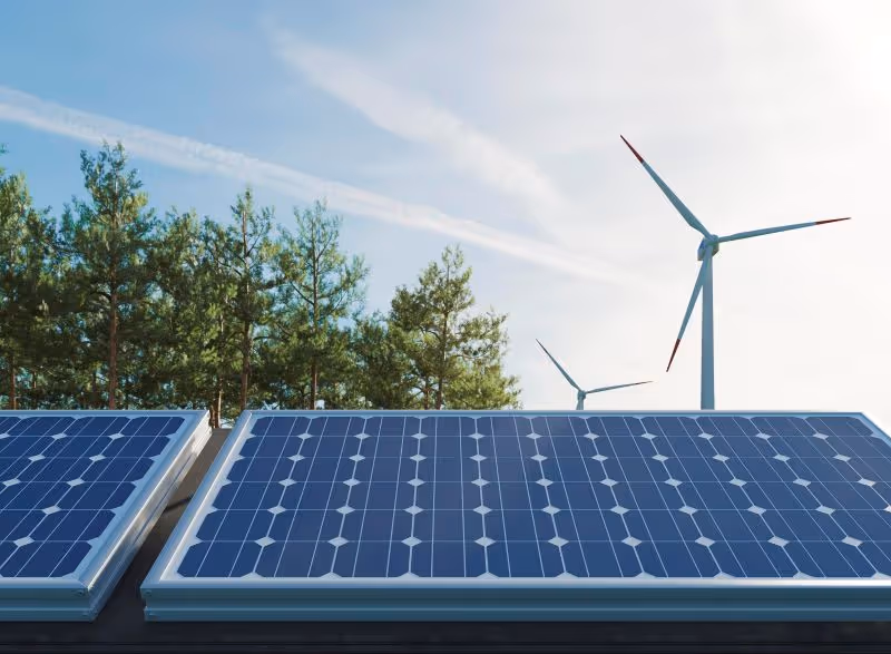 Two solar panels and a wind turbine in the background.