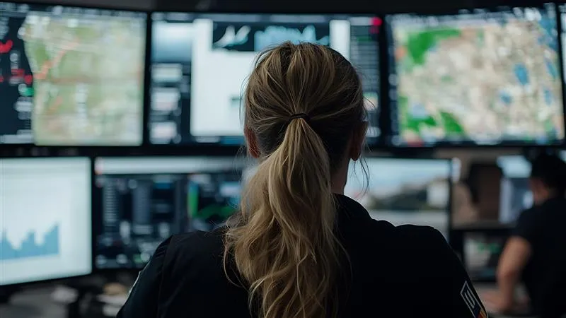 Woman with a ponytail monitoring multiple digital data screens in a control room.