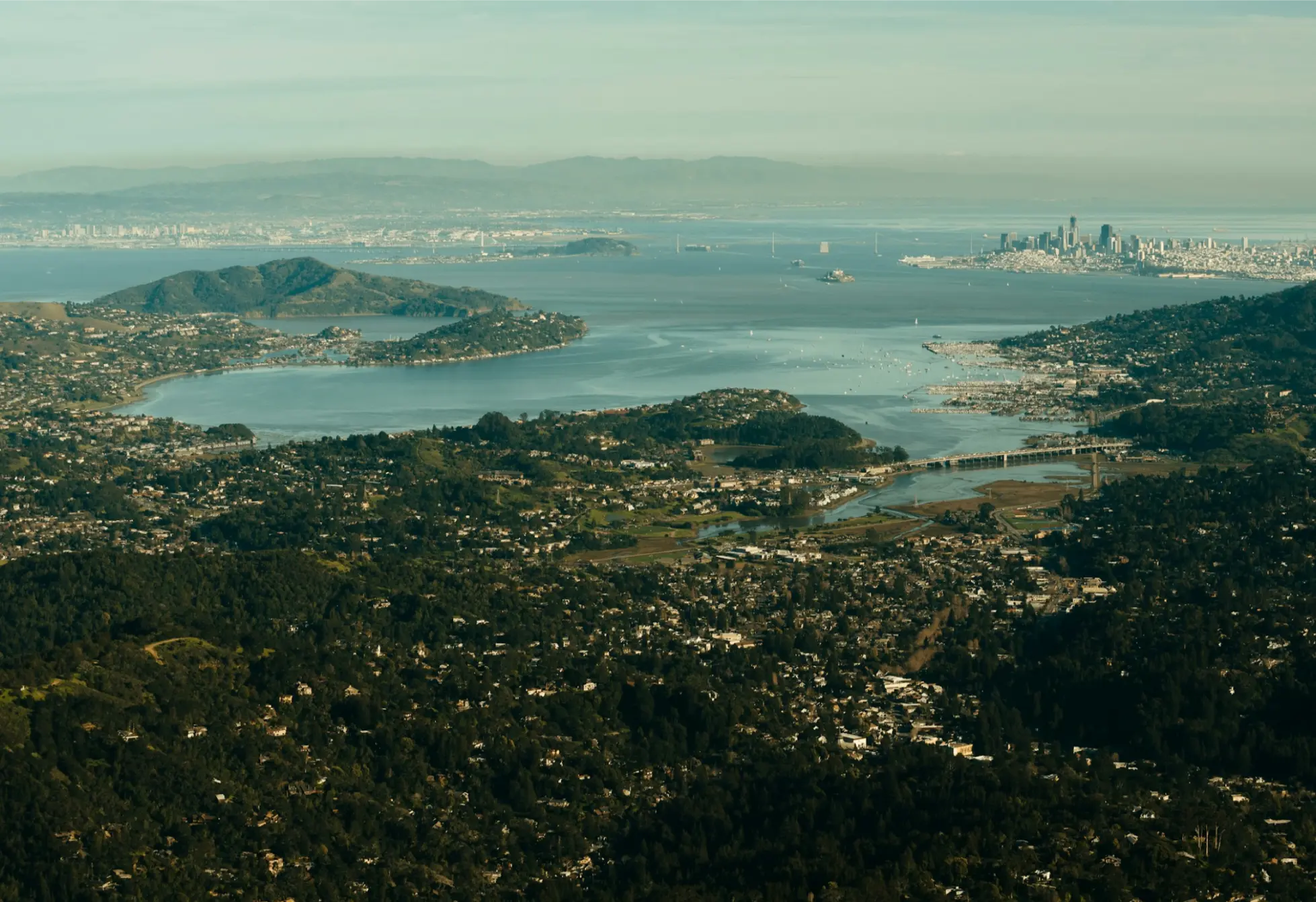 Aerial view of San Francisco Bay Area with city skyline, bridges, and surrounding greenery.