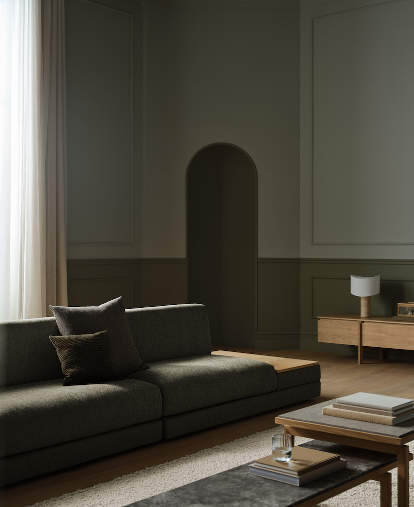 Salon minimaliste avec canapé gris foncé, coussins, table basse avec livres et un verre d'eau, meuble en bois clair avec lampe.