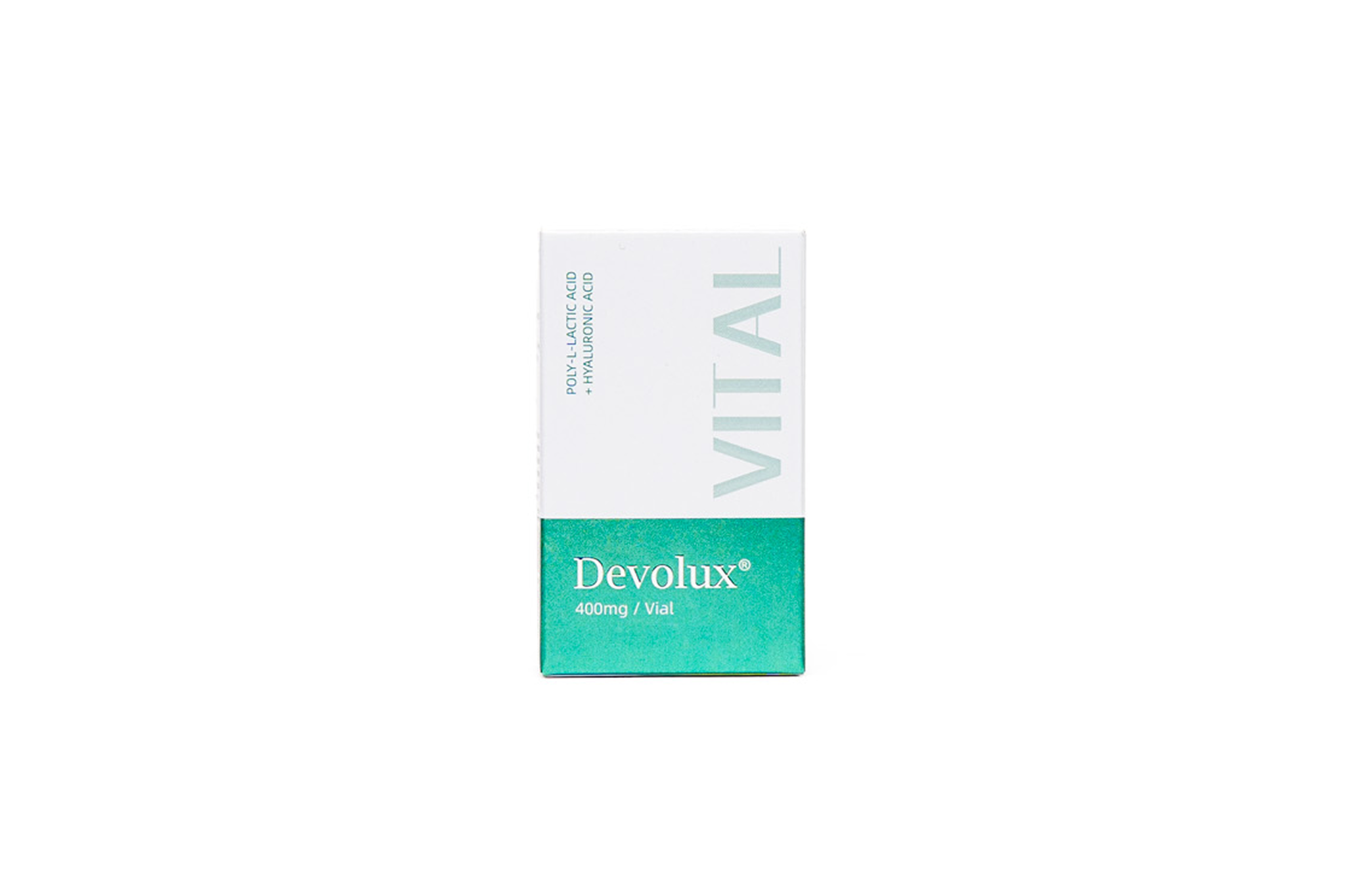 Aesthetic medicine packaging for Devolux, white and teal pharmaceutical vial