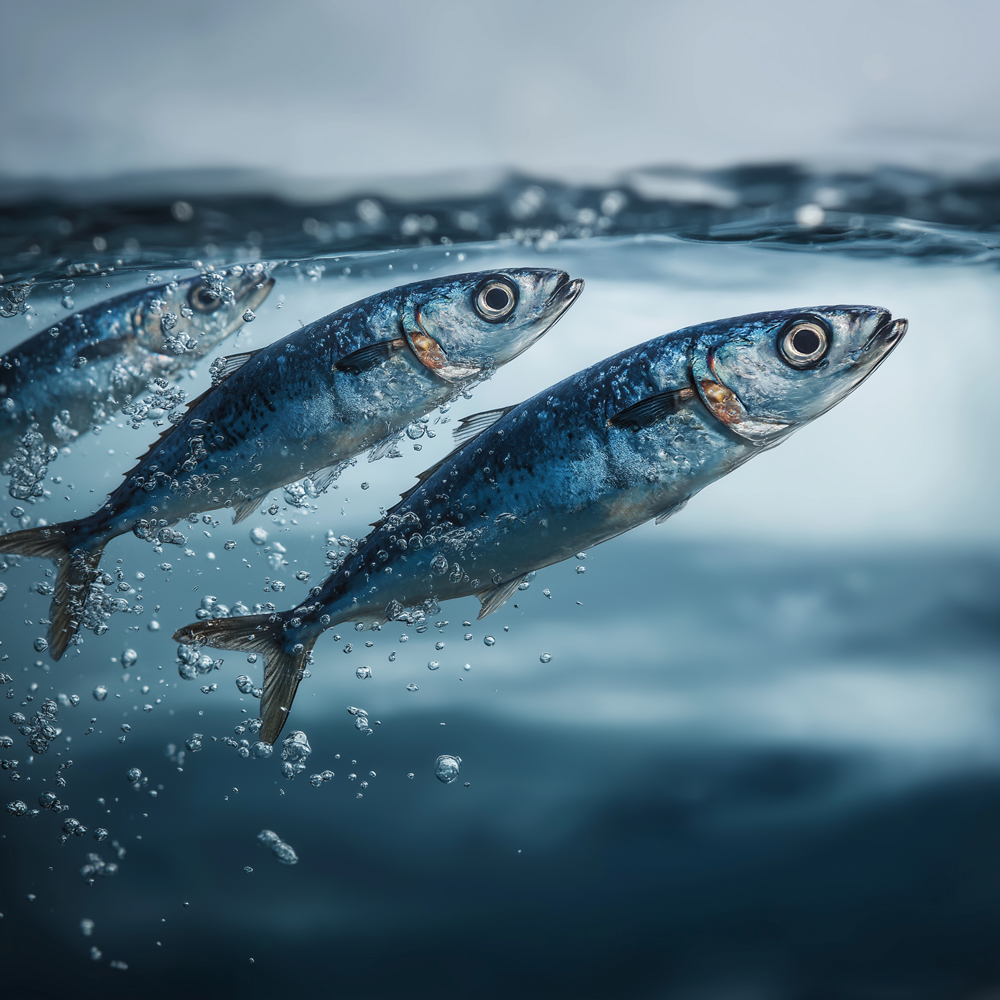 Three fish jumping out of the water in unison