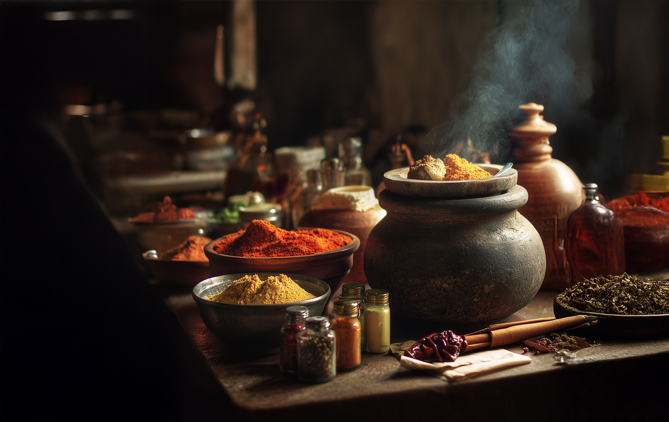 Traditional Indian kitchen with spices and aromatics