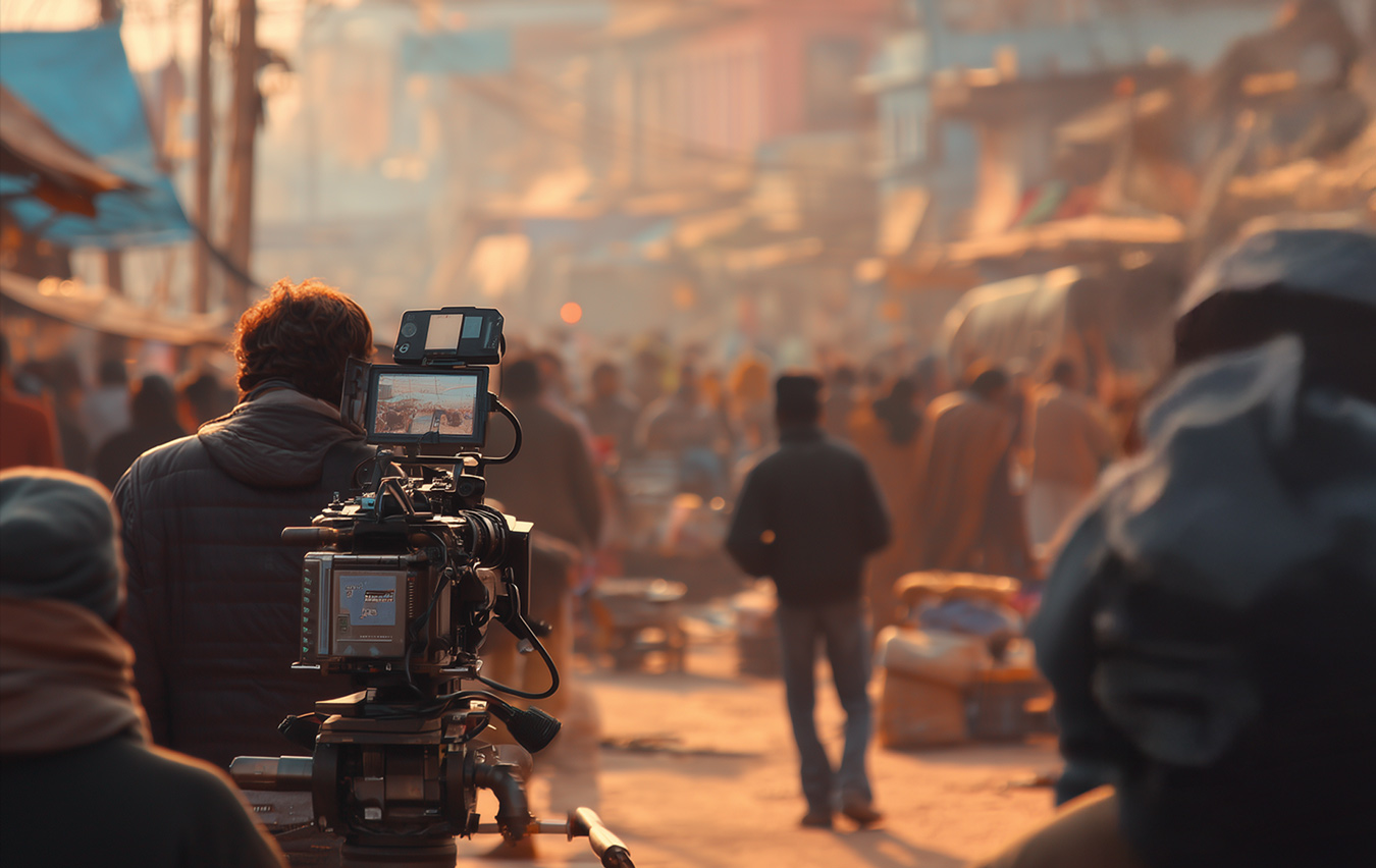 Film crew shooting in a busy Indian market