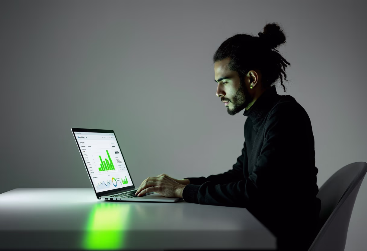 image of business professional reviewing analytics (for a hr tech), digital project on a laptop screen