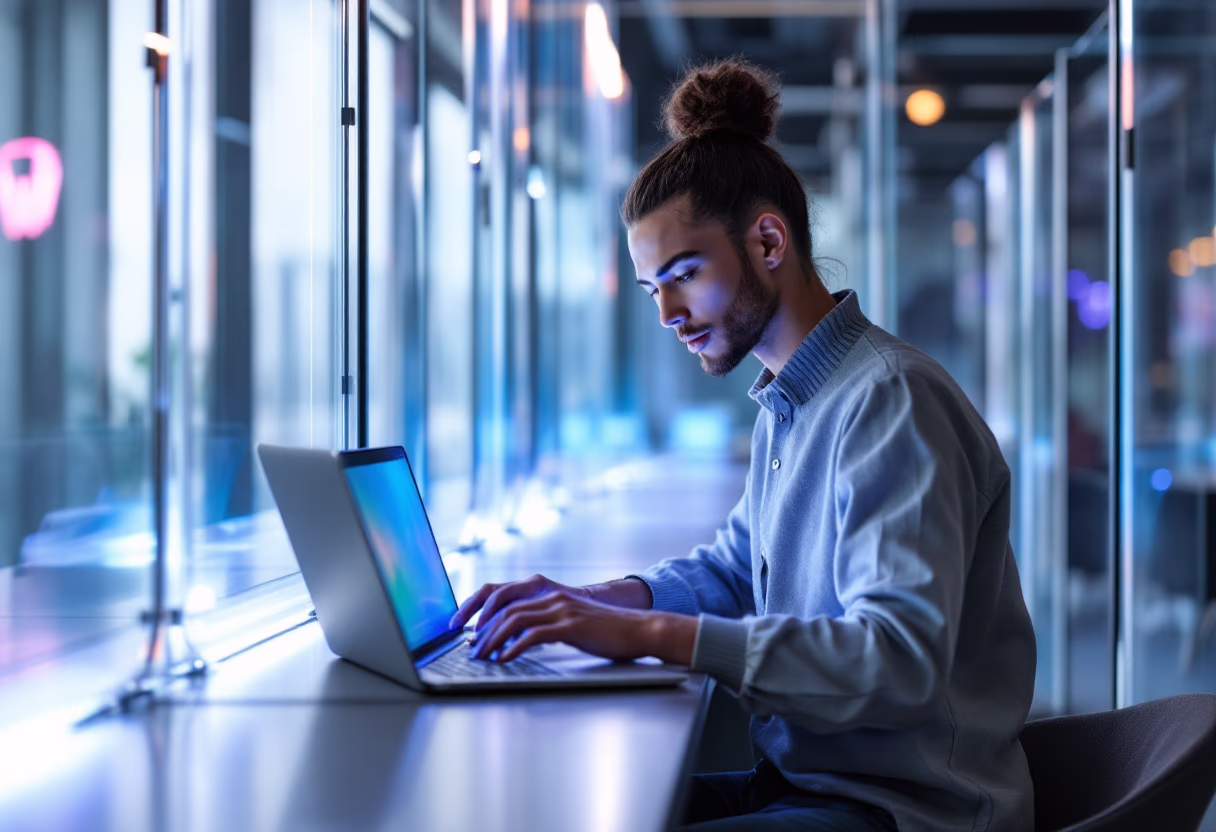 image of a traveler with a laptop (for a travel tech)