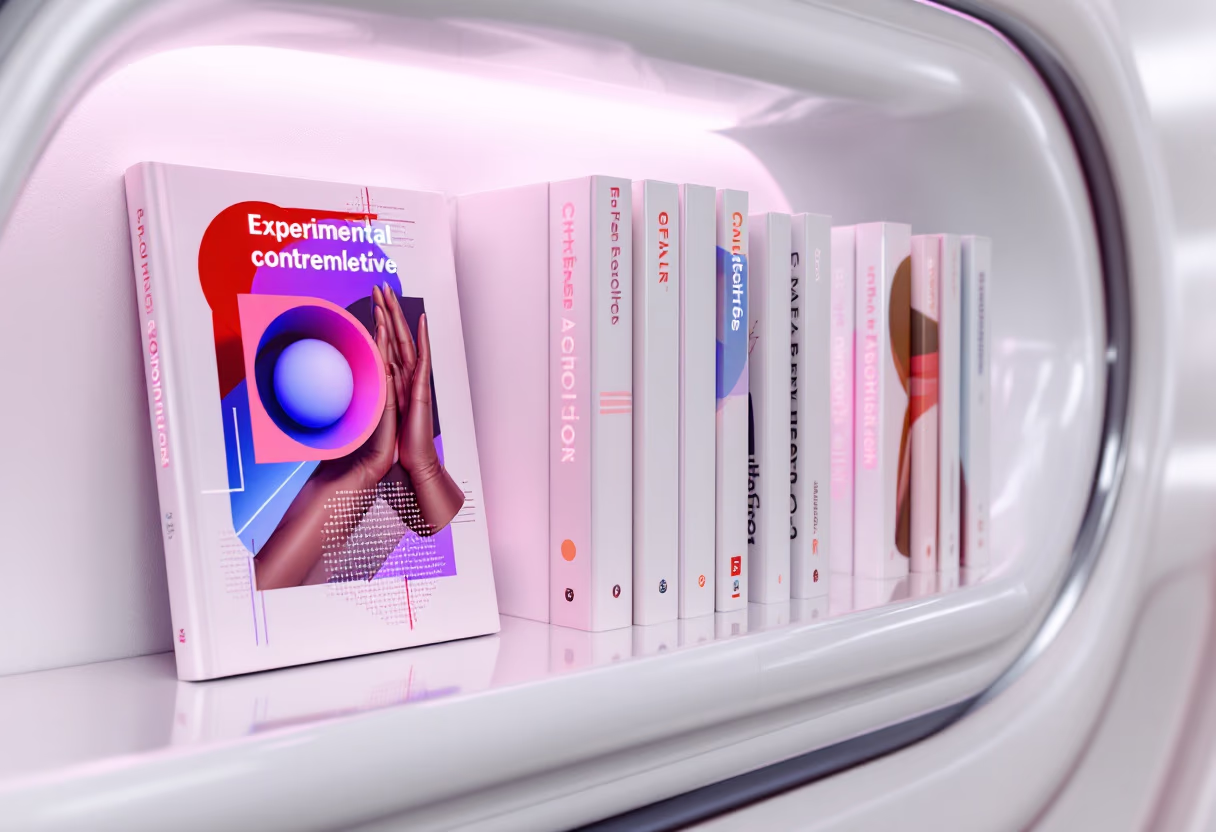 book display on a metallic, avant-garde shelf