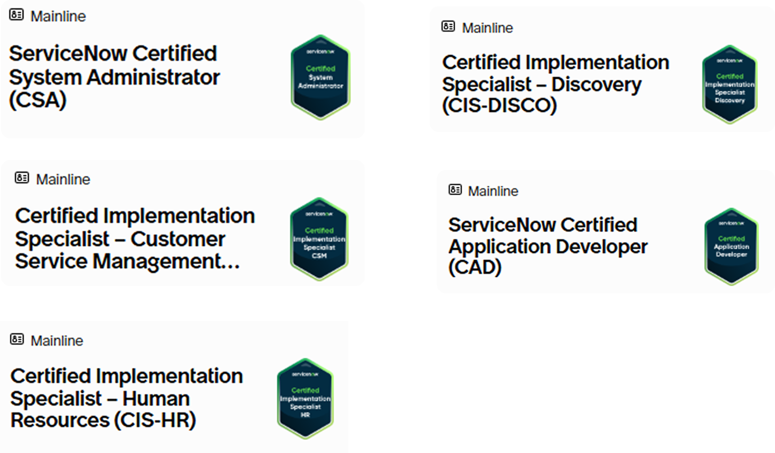 Five ServiceNow certification badges including Certified System Administrator, Implementation Specialist for Discovery, Customer Service Management, Human Resources, and Certified Application Developer.