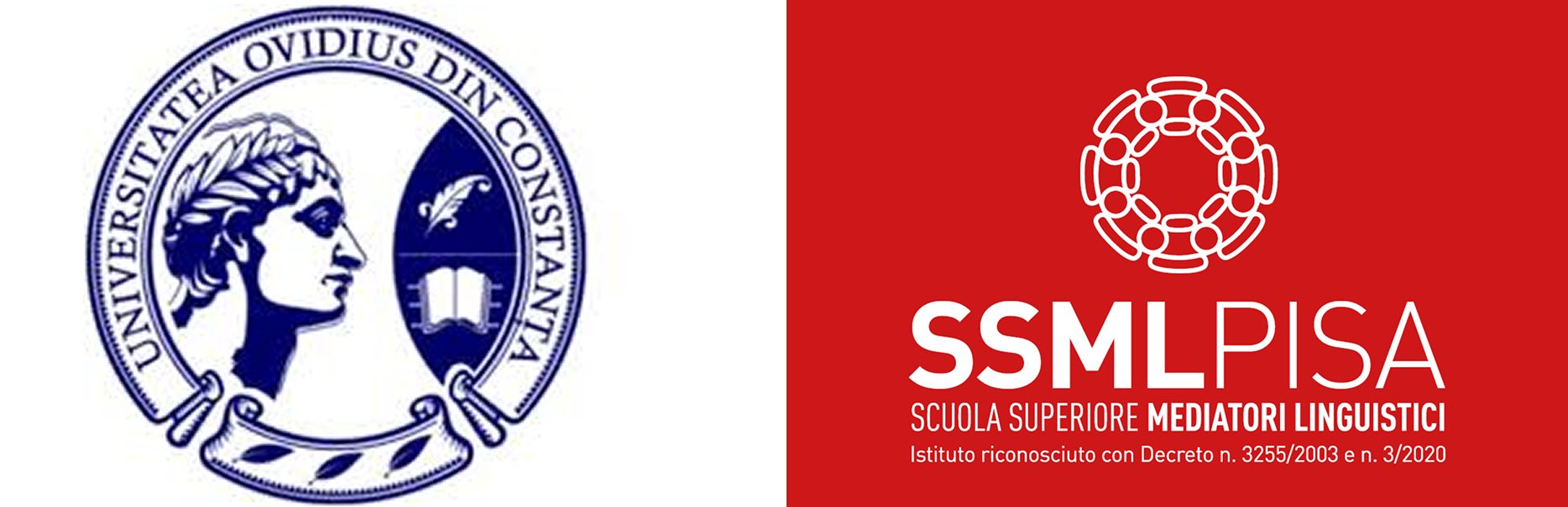 Left: Circular emblem with a side profile of a laurel-crowned figure and an open book, inscribed with UNIVERSITATEA OVIDIUS DIN CONSTANTA. Right: Red background with SSML Pisa logo and text about the linguistic mediation school and its official recognition.