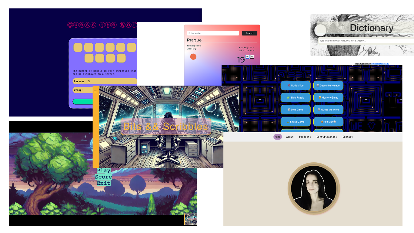 Collage of screenshots showing various digital projects including word guessing game, weather app for Prague, game menu with pixel art, dictionary interface, and a personal portfolio with a photo and navigation menu.