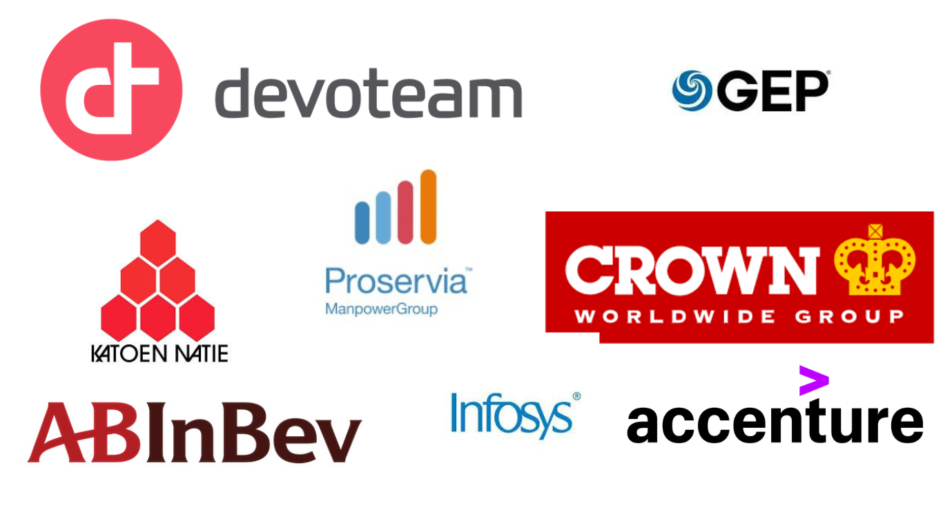 Logos of companies including Devoteam, GEP, Katoen Natie, Proservia ManpowerGroup, Crown Worldwide Group, AB InBev, Infosys, and Accenture.