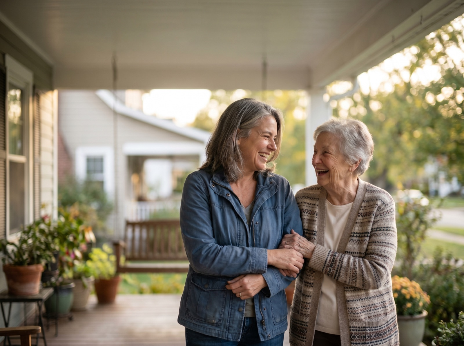 An older daughter and her elderly mother laughing together on the front porch
