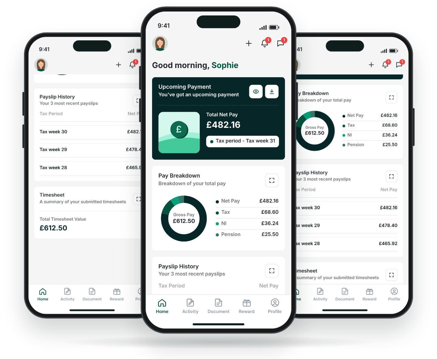The Nxsys Payroll app on three iPhones: payslip history, home screen and pay breakdown
