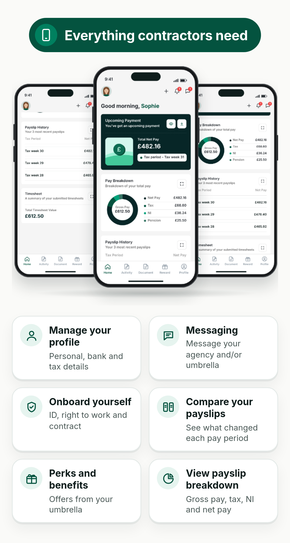 The Nxsys contractor app: manage your profile, messaging, onboard yourself, compare your payslips, perks and benefits, and view your payslip breakdown