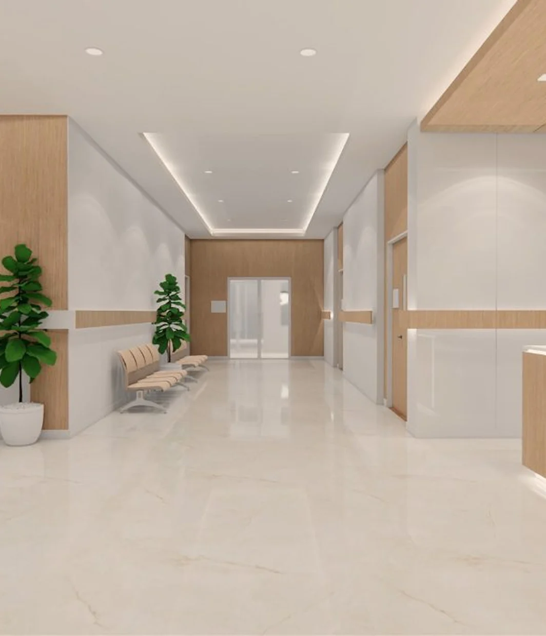 Minimalist modern waiting area with beige benches, potted plants, wooden accents, and recessed ceiling lights.