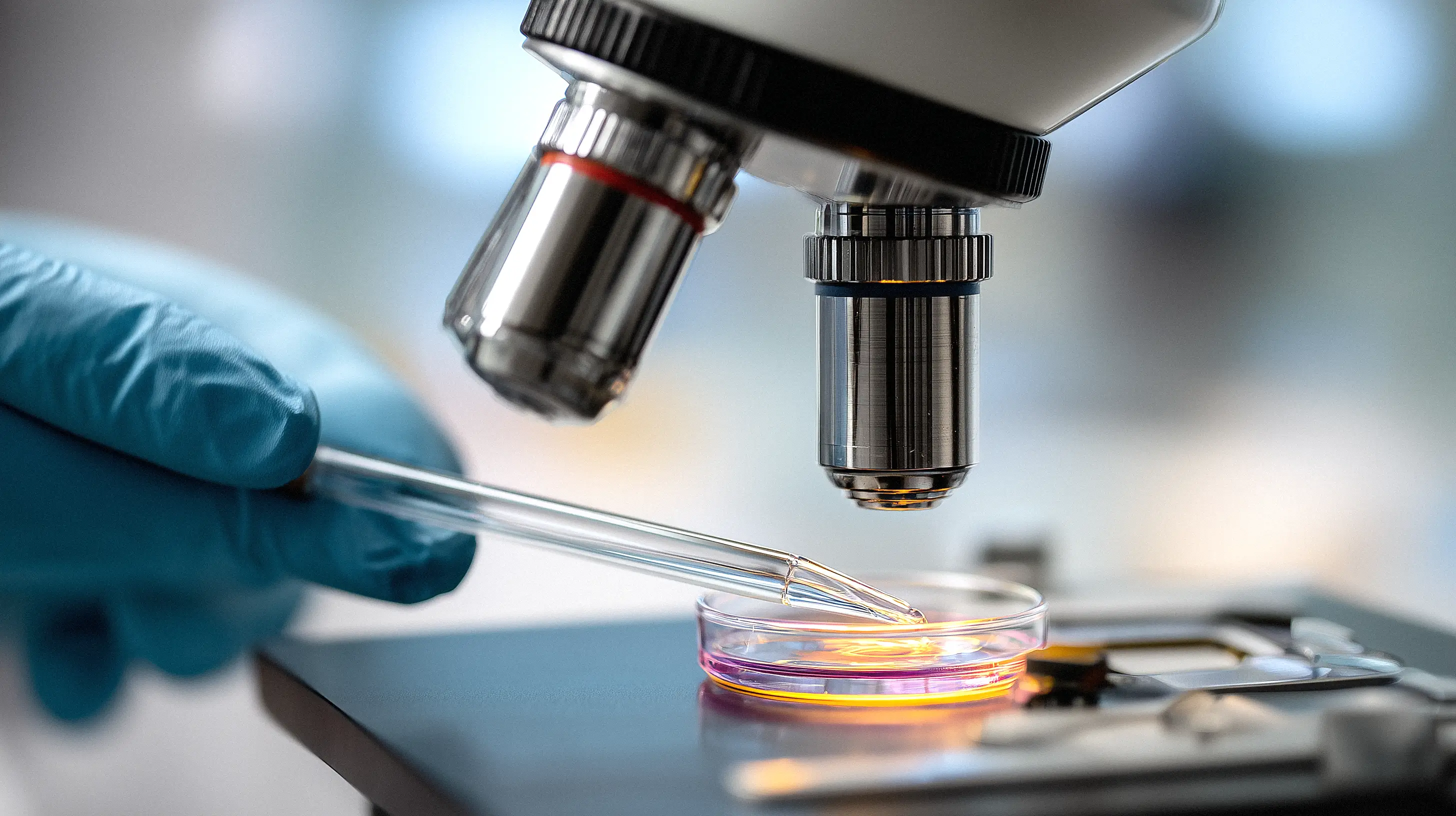 Gloved hand holding a dropper above a petri dish positioned under a microscope lens in a laboratory setting.