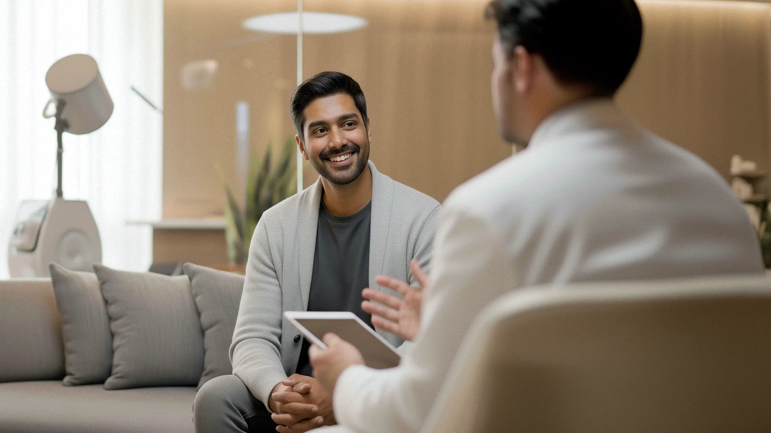 Man smiling and listening attentively to another man holding a tablet in a modern office setting.