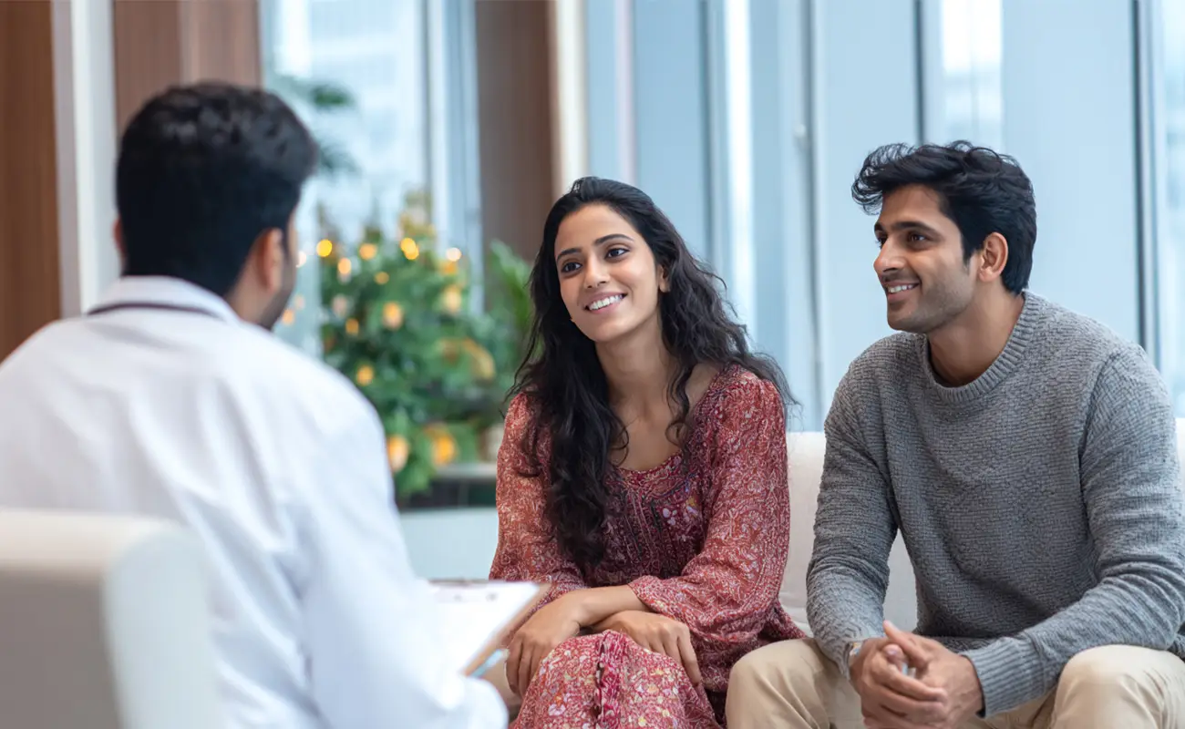 Smiling couple sitting and talking with a doctor holding a clipboard in a bright office.