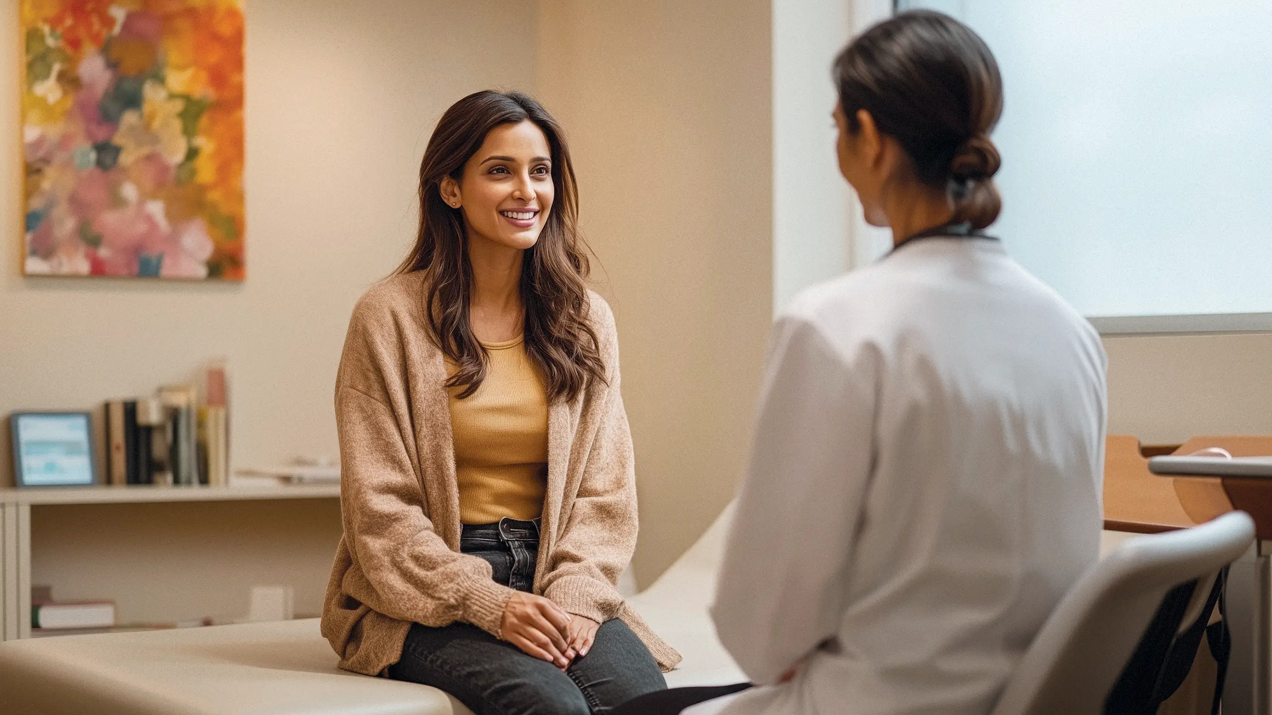 Smiling woman in a cozy cardigan talking to a female doctor in a medical office.