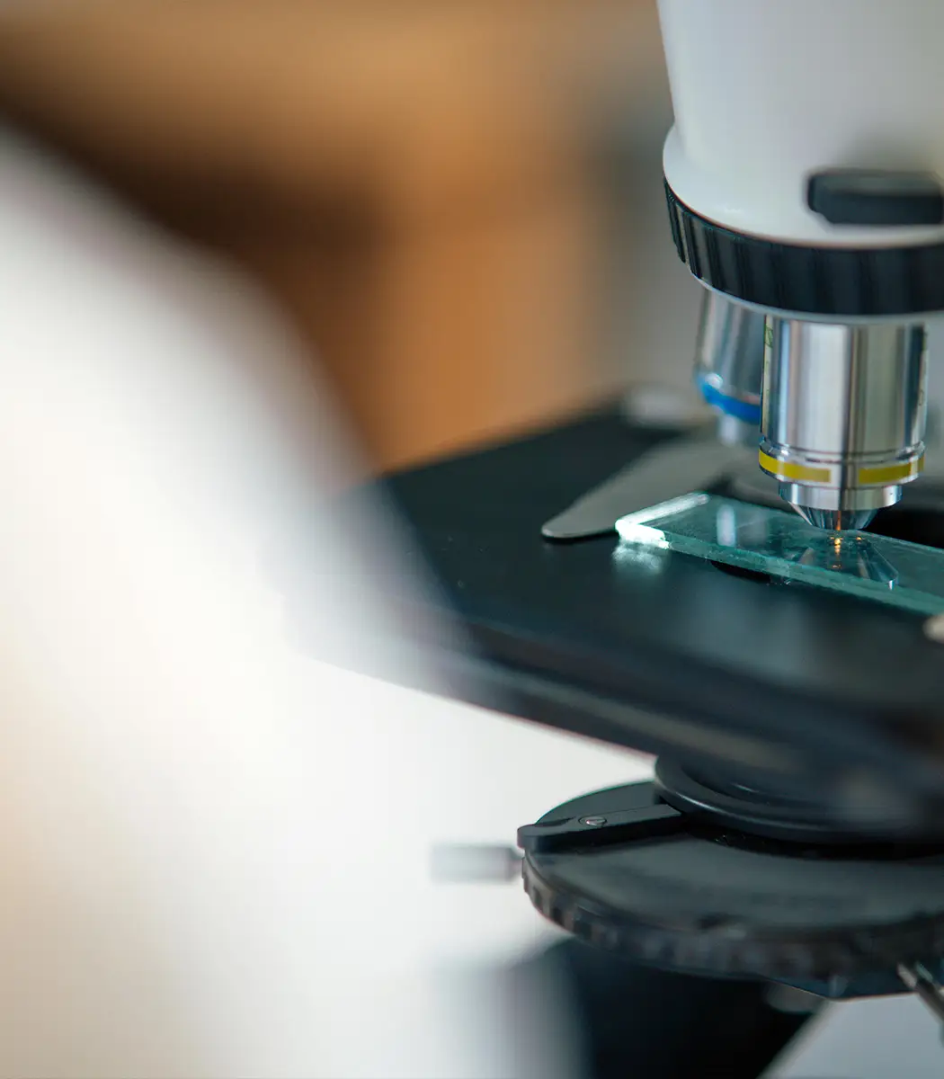 Close-up of a microscope focusing on a glass slide with blurred background.