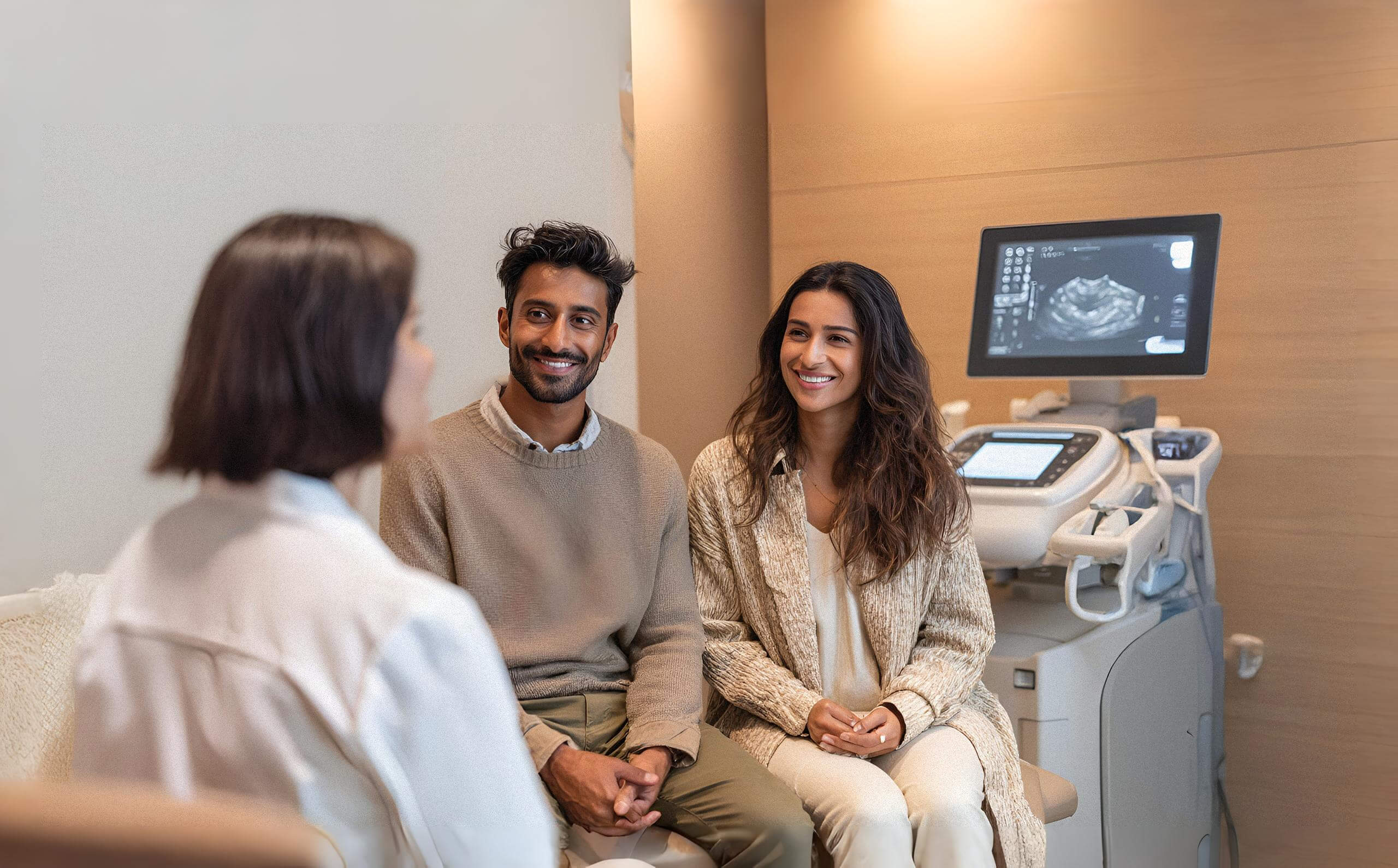 Couple smiling while sitting and talking to a medical professional near an ultrasound machine in a clinic.