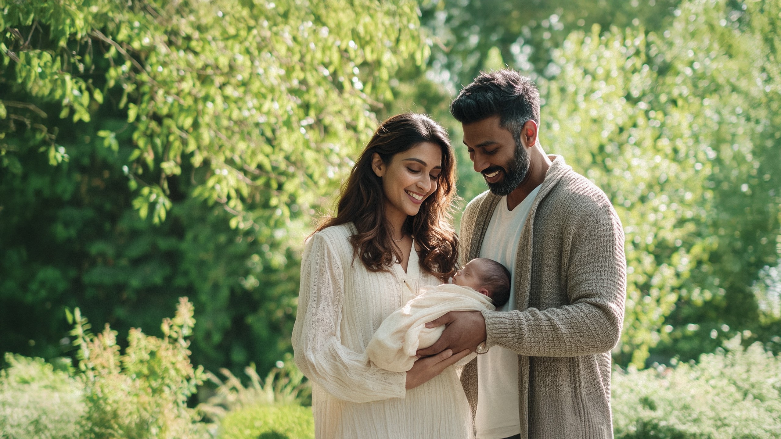 Smiling couple outdoors holding their newborn baby wrapped in a blanket surrounded by greenery.
